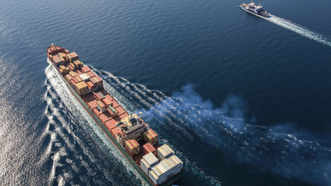 Container ship navigating
